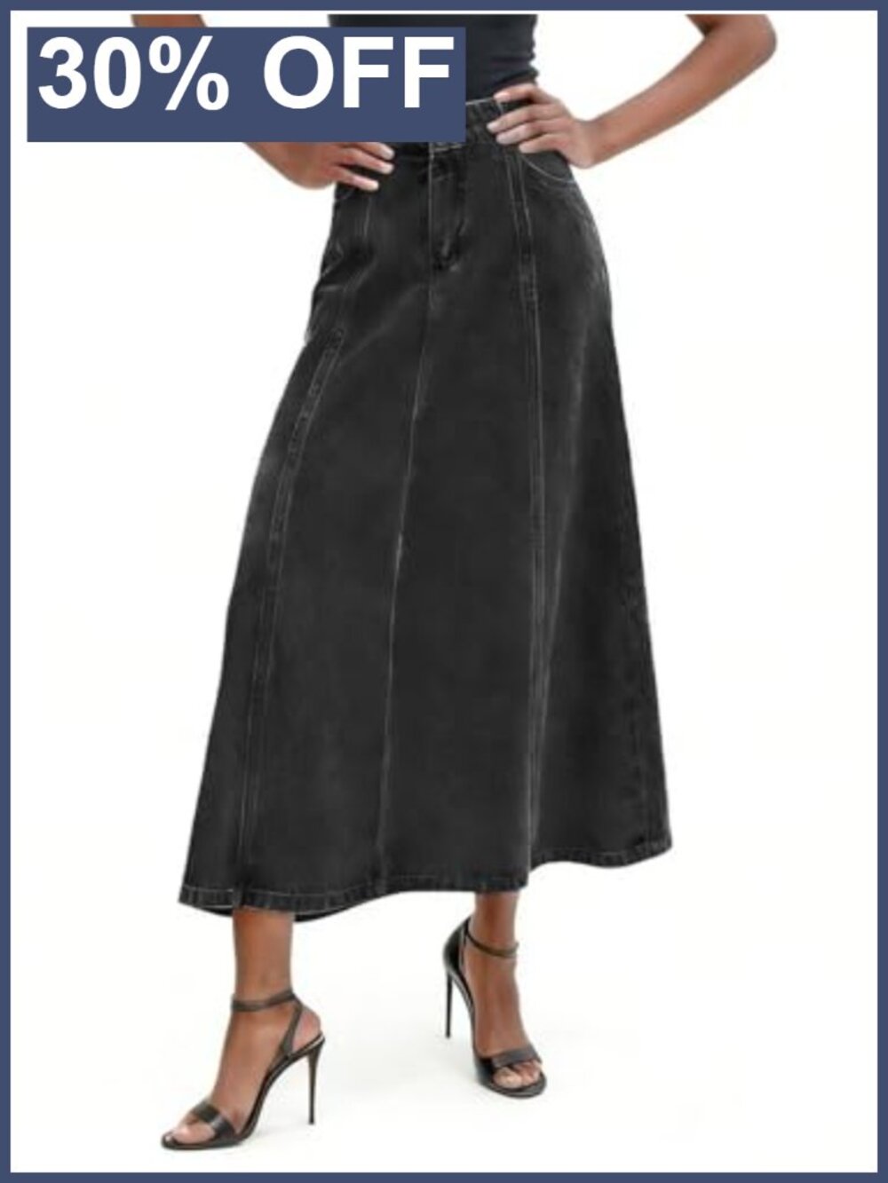 High Waisted Denim Maxi Skirt A-Line Flowy Stretch Jean Skirt with Pockets